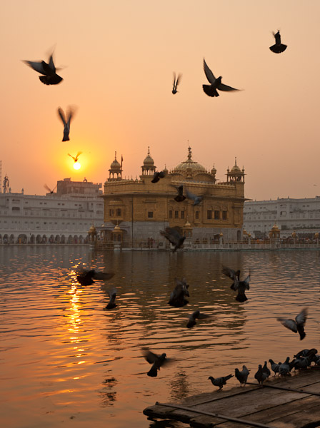 _DSC1952.jpg - 21x25 canvas.  Golden Temple, Amritsar,  near sunset.  The bottom right is a raft.  The temple is in the middle of a pond, with a causeway to the right.